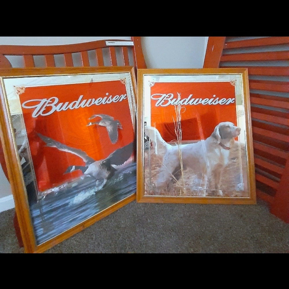 (Rare) Budweiser Oak Frame Bar Mirror/Signs (29"×34")
